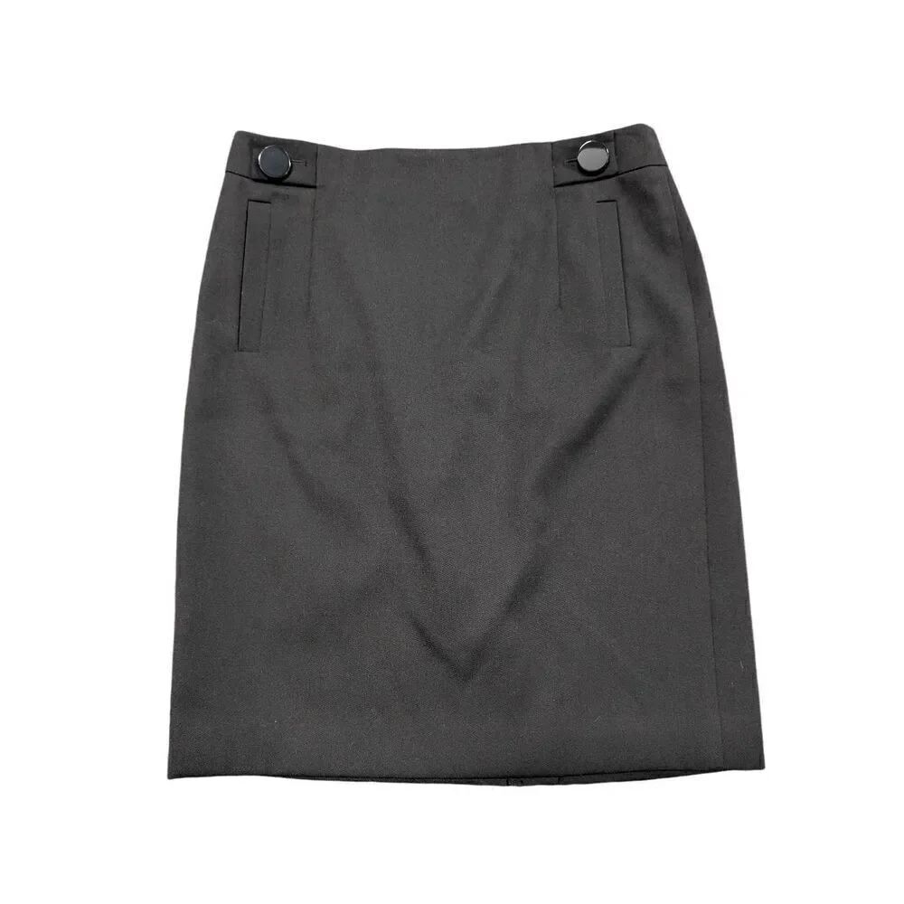 Ann Taylor Black Stretch WOOL Career Sheath Skirt Button Zip Up Back Women's Siz